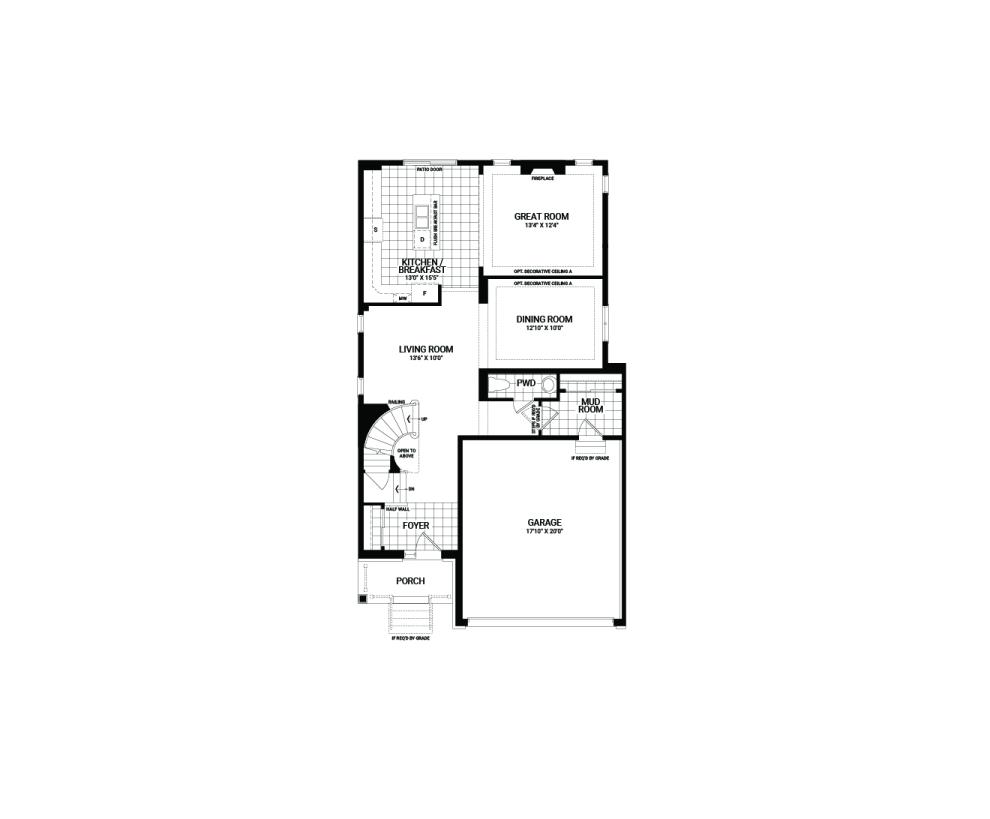 Floorplan of the main floor of the Georgian home design, a 36’ Single Family Home available for sale in Brookline, Kanata.